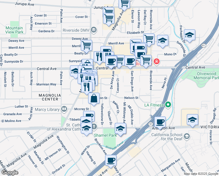 map of restaurants, bars, coffee shops, grocery stores, and more near 3707 Tahoe Court in Riverside