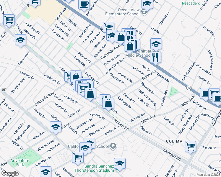 map of restaurants, bars, coffee shops, grocery stores, and more near 14227 La Forge Street in Whittier