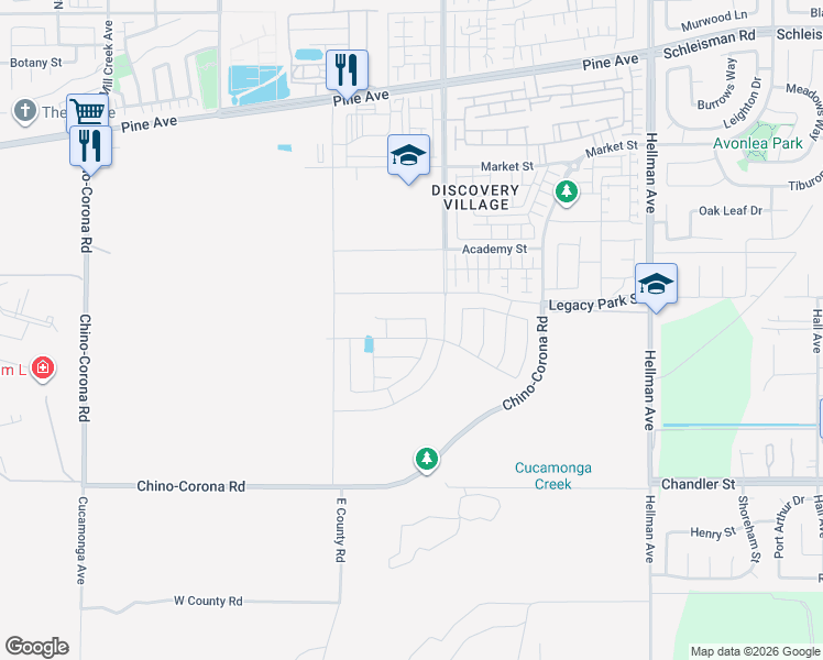 map of restaurants, bars, coffee shops, grocery stores, and more near Comet Avenue in Corona