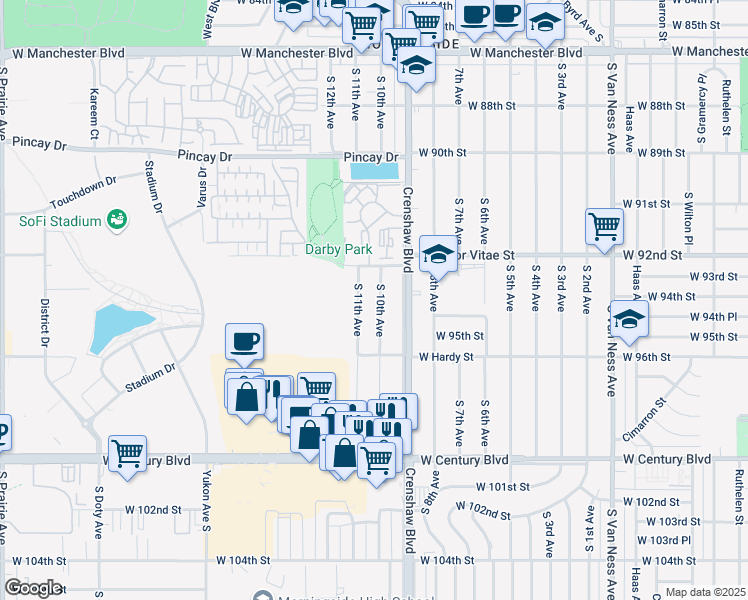 map of restaurants, bars, coffee shops, grocery stores, and more near 9406 South 10th Avenue in Inglewood