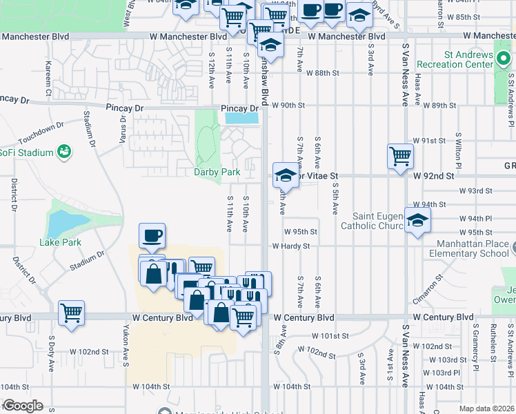 map of restaurants, bars, coffee shops, grocery stores, and more near 9401 Crenshaw Boulevard in Inglewood