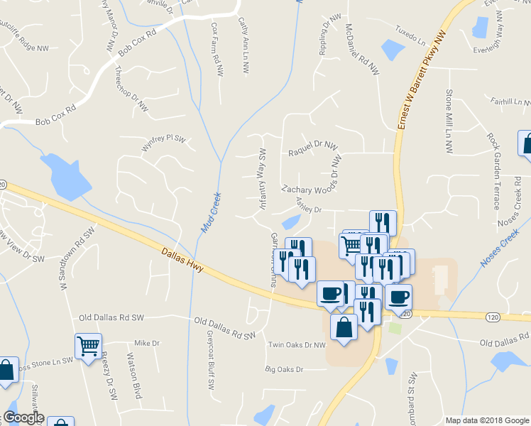 map of restaurants, bars, coffee shops, grocery stores, and more near 158 Infantry Way Southwest in Marietta
