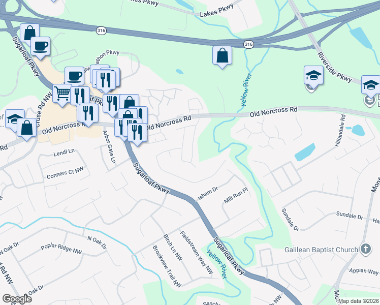 map of restaurants, bars, coffee shops, grocery stores, and more near 700 Winding River Drive in Lawrenceville