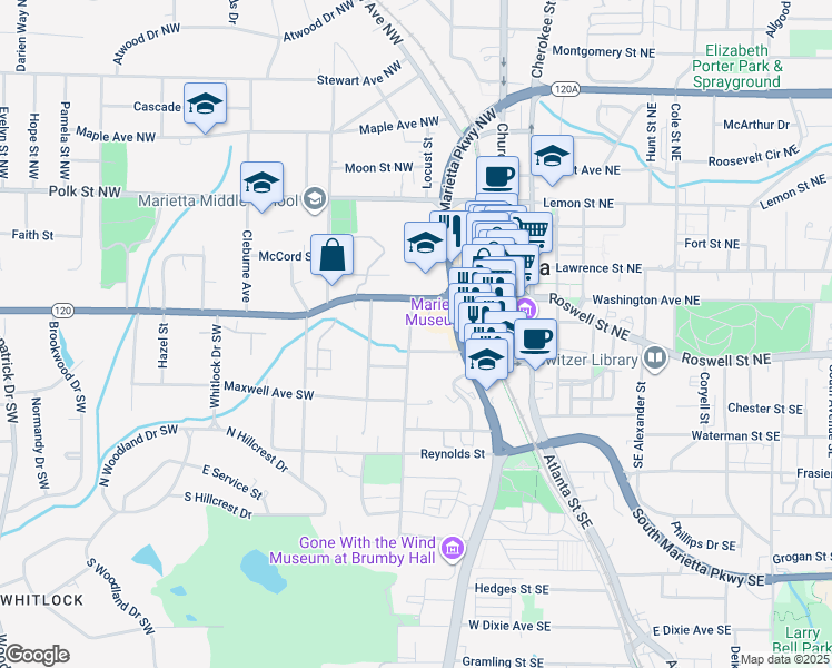 map of restaurants, bars, coffee shops, grocery stores, and more near 157 Wright Street SW in Marietta