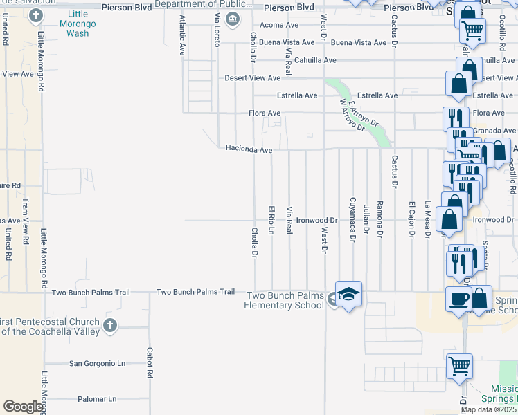 map of restaurants, bars, coffee shops, grocery stores, and more near 13416 Cholla Drive in Desert Hot Springs