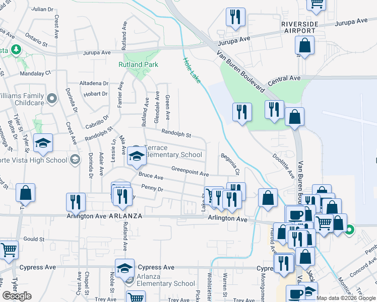 map of restaurants, bars, coffee shops, grocery stores, and more near 8442 Via Norte Drive in Riverside