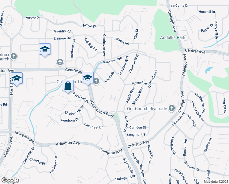 map of restaurants, bars, coffee shops, grocery stores, and more near 2100 Old Quarry Road in Riverside