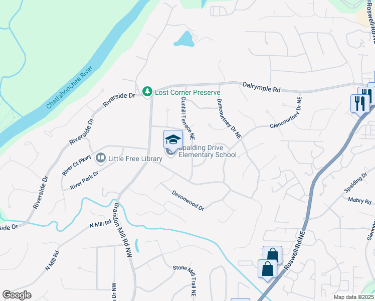 map of restaurants, bars, coffee shops, grocery stores, and more near 7160 Dunhill Terrace Northeast in Sandy Springs
