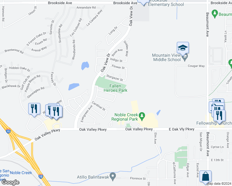 map of restaurants, bars, coffee shops, grocery stores, and more near 708 Hillview Street in Beaumont