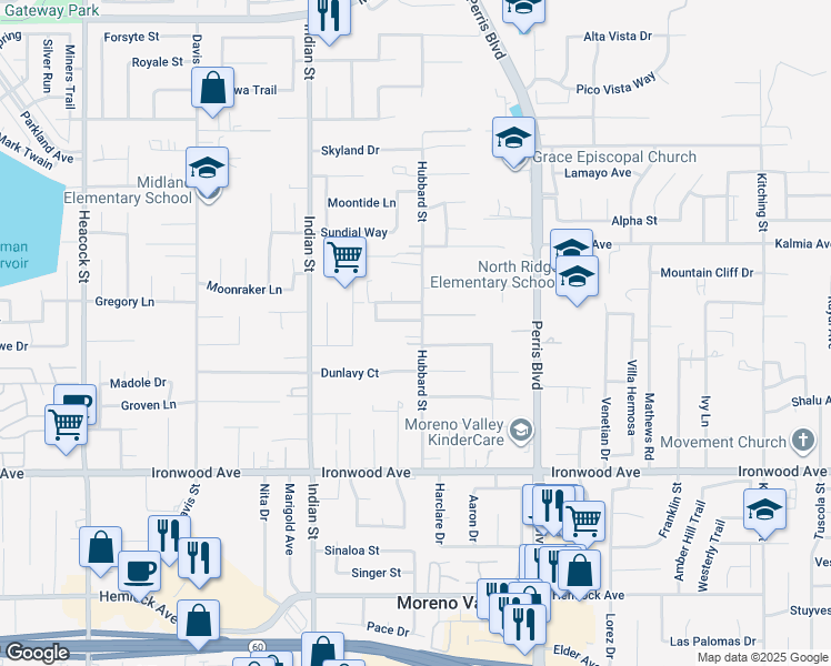 map of restaurants, bars, coffee shops, grocery stores, and more near 11705 Hubbard Street in Moreno Valley