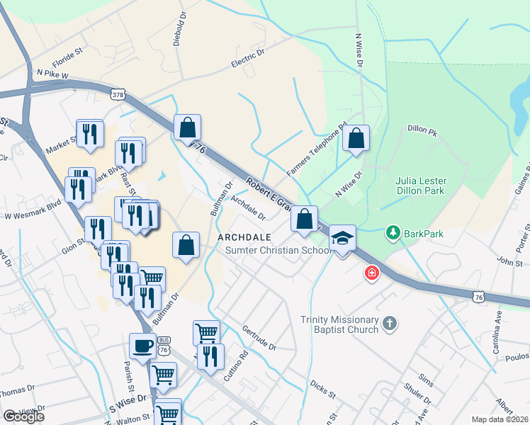 map of restaurants, bars, coffee shops, grocery stores, and more near 655 Archdale Drive in Sumter