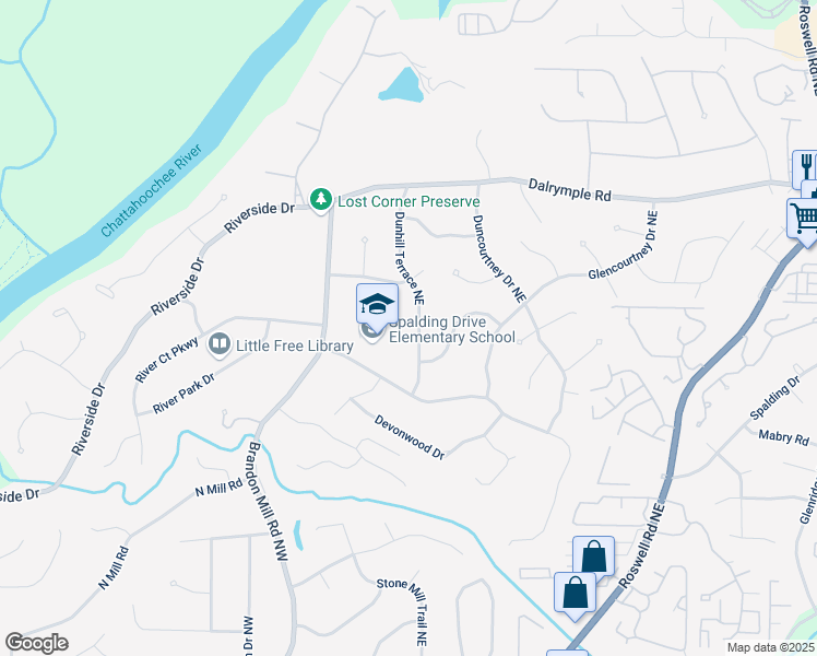 map of restaurants, bars, coffee shops, grocery stores, and more near 7160 Dunhill Terrace Northeast in Sandy Springs