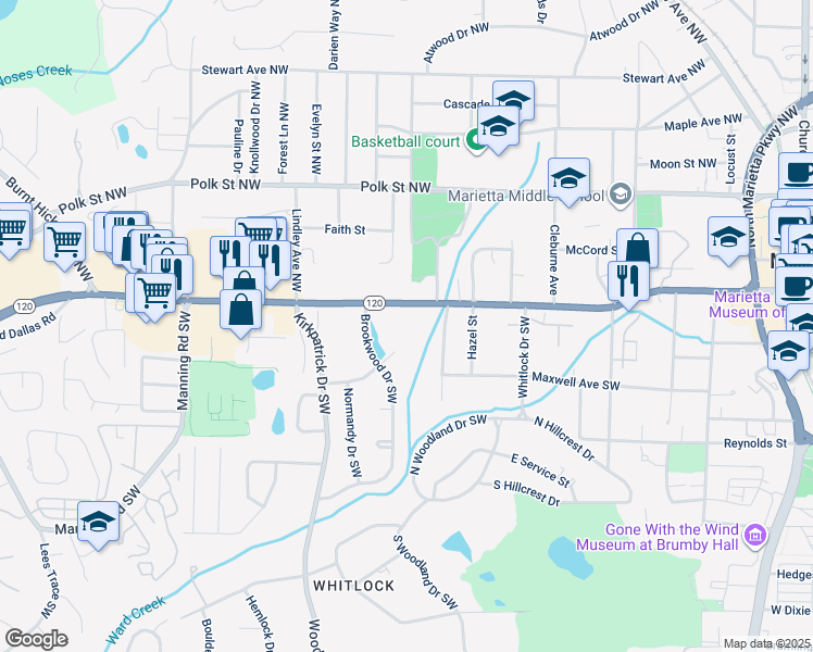 map of restaurants, bars, coffee shops, grocery stores, and more near 447 Whitlock Avenue Southwest in Marietta
