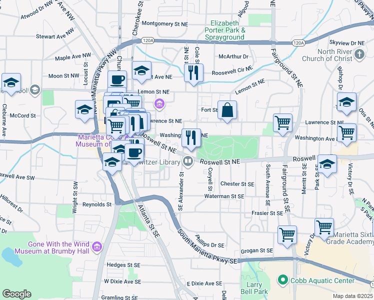 map of restaurants, bars, coffee shops, grocery stores, and more near 269 Roswell Street Northeast in Marietta