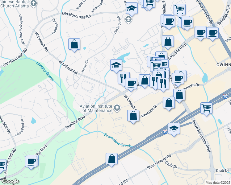 map of restaurants, bars, coffee shops, grocery stores, and more near 4079 Satellite Boulevard in Duluth