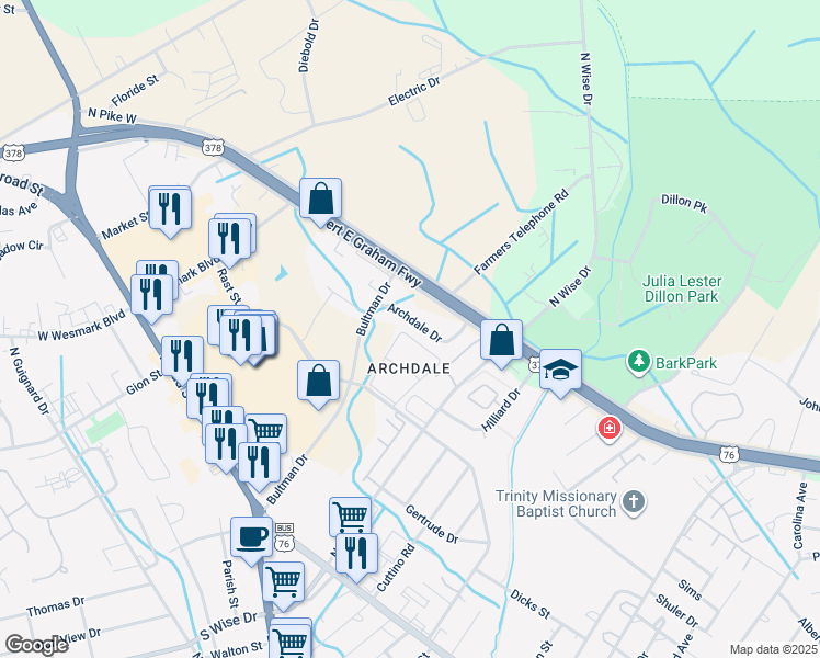 map of restaurants, bars, coffee shops, grocery stores, and more near 680 Archdale Drive in Sumter