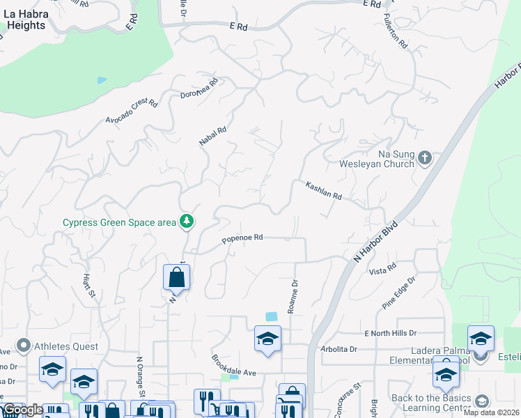 map of restaurants, bars, coffee shops, grocery stores, and more near 1500 Kashlan Road in La Habra Heights