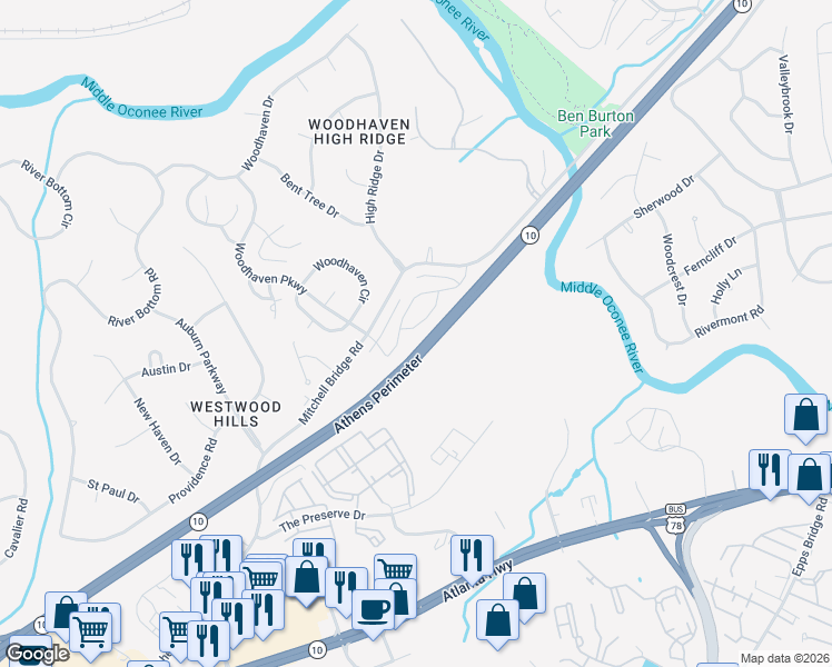 map of restaurants, bars, coffee shops, grocery stores, and more near 249 Melba Lane in Athens