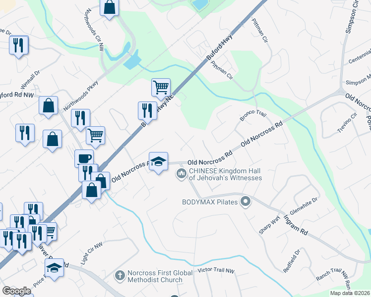 map of restaurants, bars, coffee shops, grocery stores, and more near 2677 Hamrick Road Northwest in Norcross