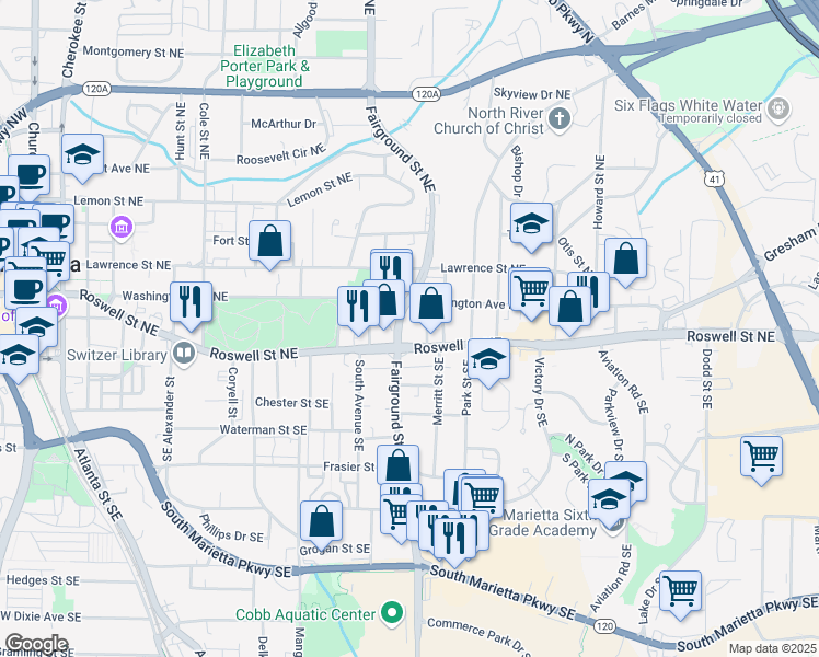 map of restaurants, bars, coffee shops, grocery stores, and more near 20 Fairground Street Northeast in Marietta