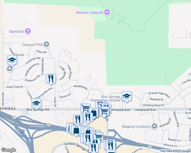 map of restaurants, bars, coffee shops, grocery stores, and more near 11610 Bald Eagle Lane in Moreno Valley