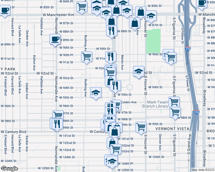 map of restaurants, bars, coffee shops, grocery stores, and more near 1021 West 94th Street in Los Angeles