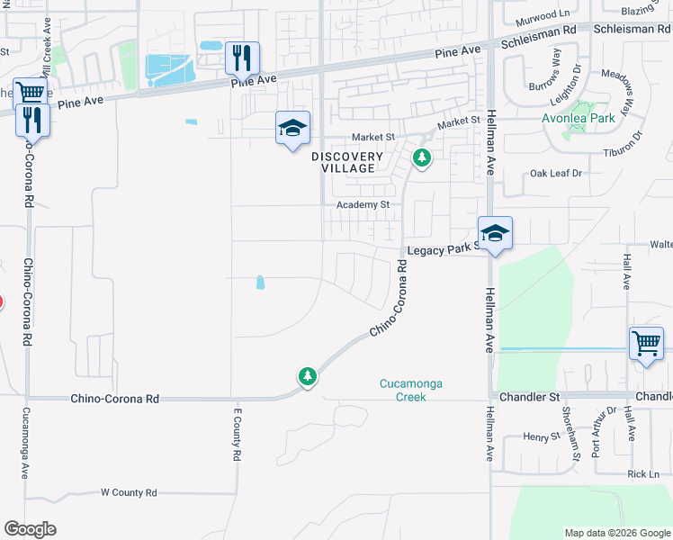 map of restaurants, bars, coffee shops, grocery stores, and more near 16652 Bristlecone Avenue in Chino