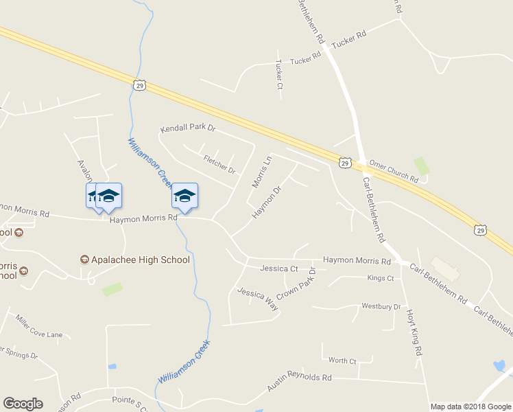 map of restaurants, bars, coffee shops, grocery stores, and more near 731 Morris Lane in Winder