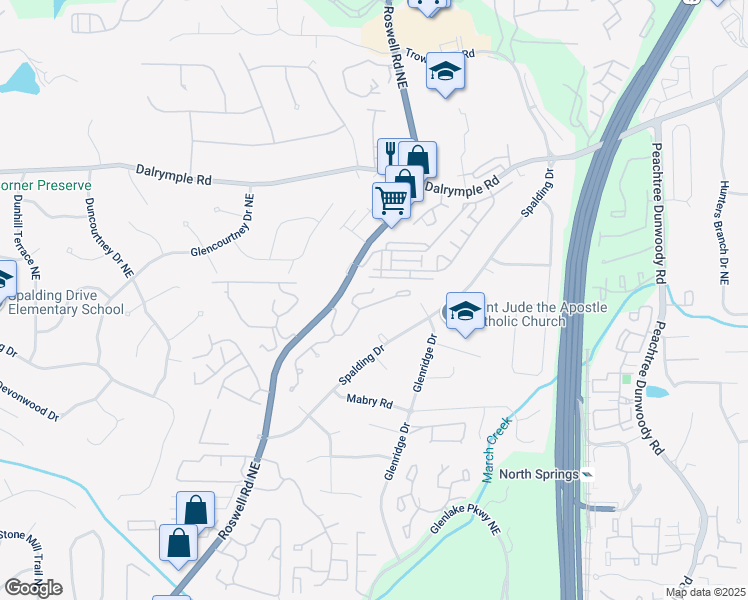 map of restaurants, bars, coffee shops, grocery stores, and more near 7155 Roswell Road in Atlanta