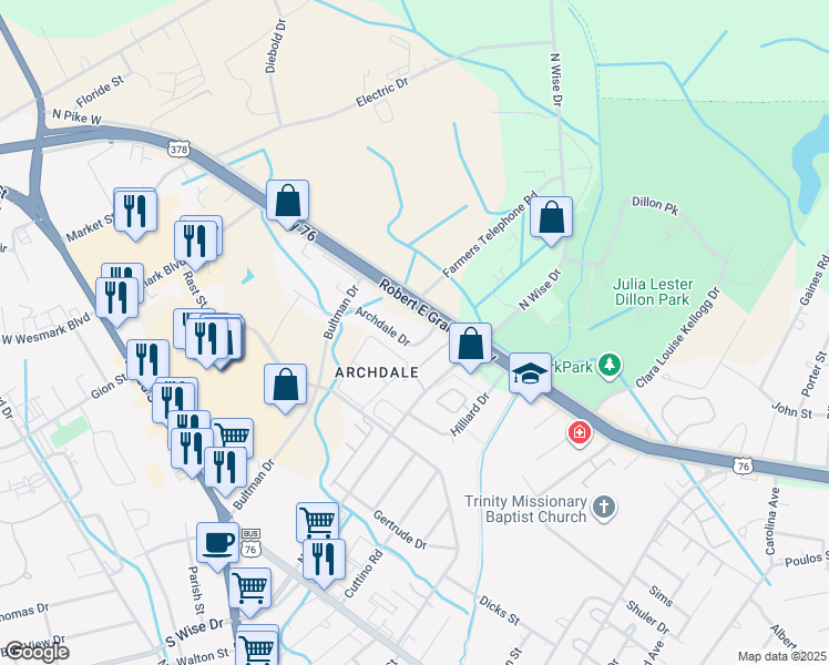 map of restaurants, bars, coffee shops, grocery stores, and more near 655 Archdale Drive in Sumter