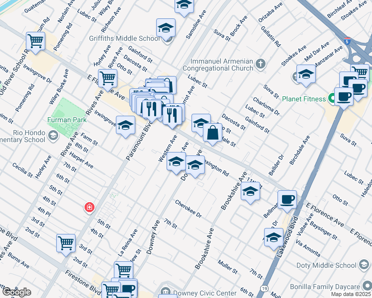 map of restaurants, bars, coffee shops, grocery stores, and more near 10224 La Reina Avenue in Downey