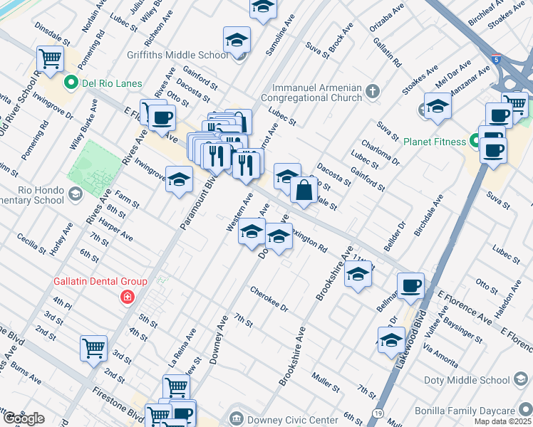 map of restaurants, bars, coffee shops, grocery stores, and more near 10224 La Reina Avenue in Downey