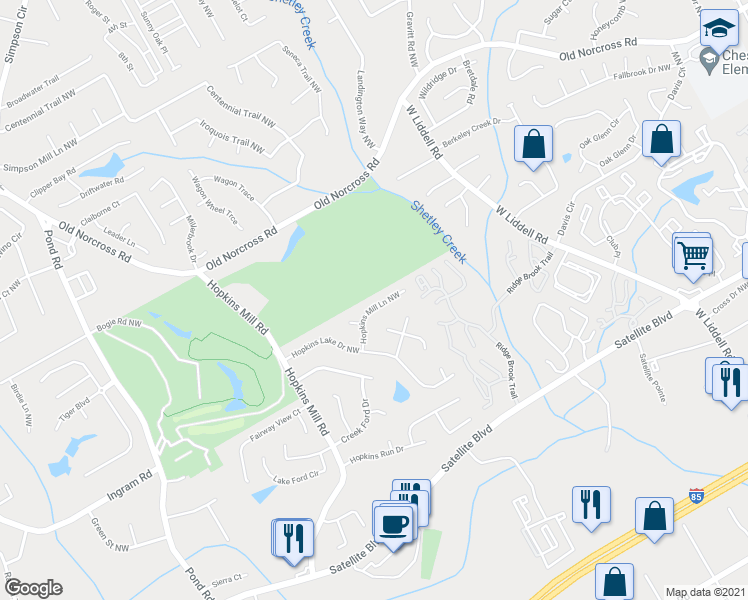map of restaurants, bars, coffee shops, grocery stores, and more near 2151 Hopkins Mill Lane Northwest in Duluth
