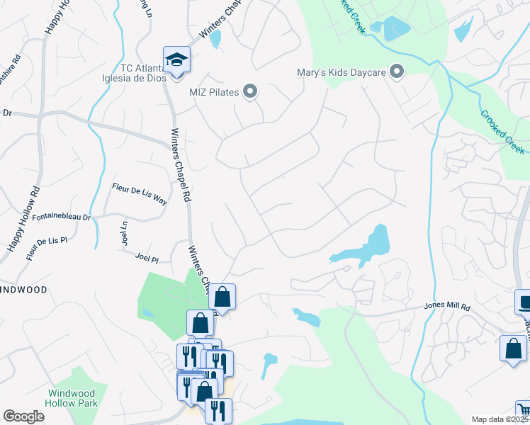 map of restaurants, bars, coffee shops, grocery stores, and more near 6857 Womack Court Northwest in Atlanta
