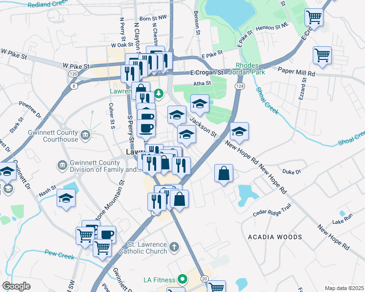 map of restaurants, bars, coffee shops, grocery stores, and more near 56 Neal Boulevard in Lawrenceville