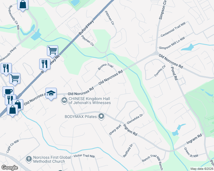 map of restaurants, bars, coffee shops, grocery stores, and more near 2604 Silver Cliff Drive in Duluth