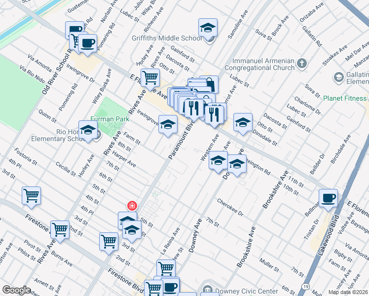 map of restaurants, bars, coffee shops, grocery stores, and more near 10348 Paramount Boulevard in Downey