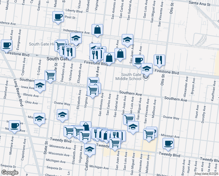 map of restaurants, bars, coffee shops, grocery stores, and more near 8999 San Carlos Avenue in South Gate