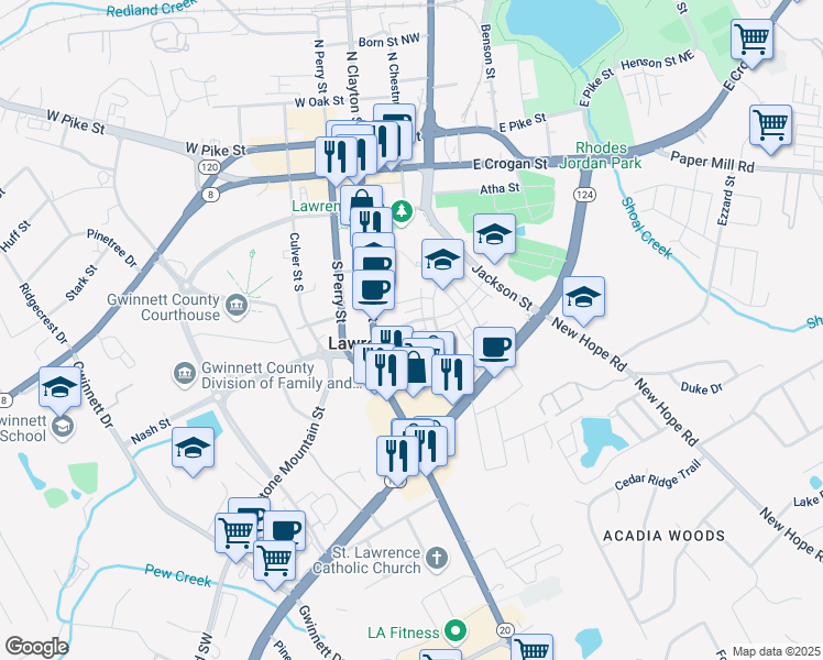 map of restaurants, bars, coffee shops, grocery stores, and more near 244 Church Street in Lawrenceville