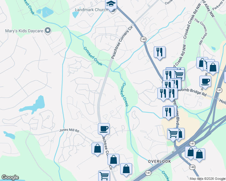 map of restaurants, bars, coffee shops, grocery stores, and more near 6428 Parton Court in Norcross