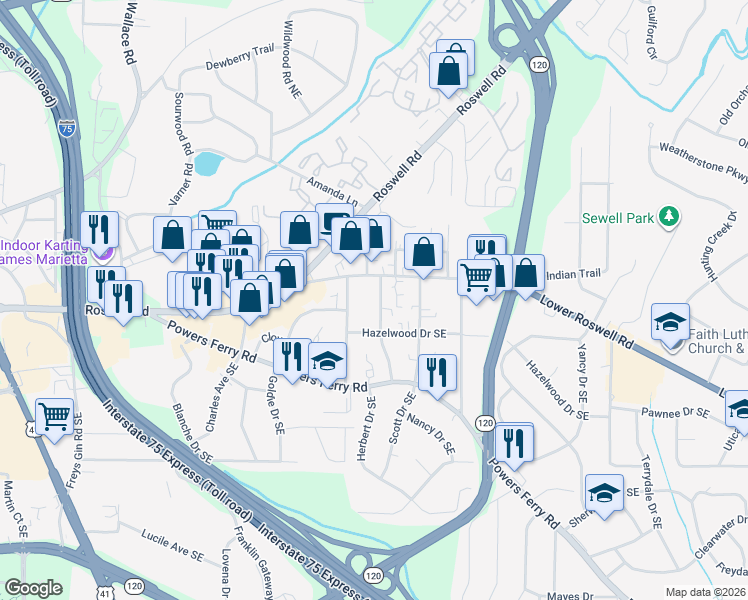 map of restaurants, bars, coffee shops, grocery stores, and more near 16 Harris Drive Southeast in Marietta