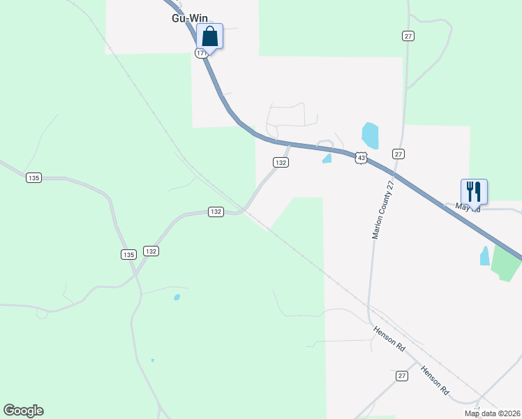 map of restaurants, bars, coffee shops, grocery stores, and more near 317 Co Road 132 in Guin