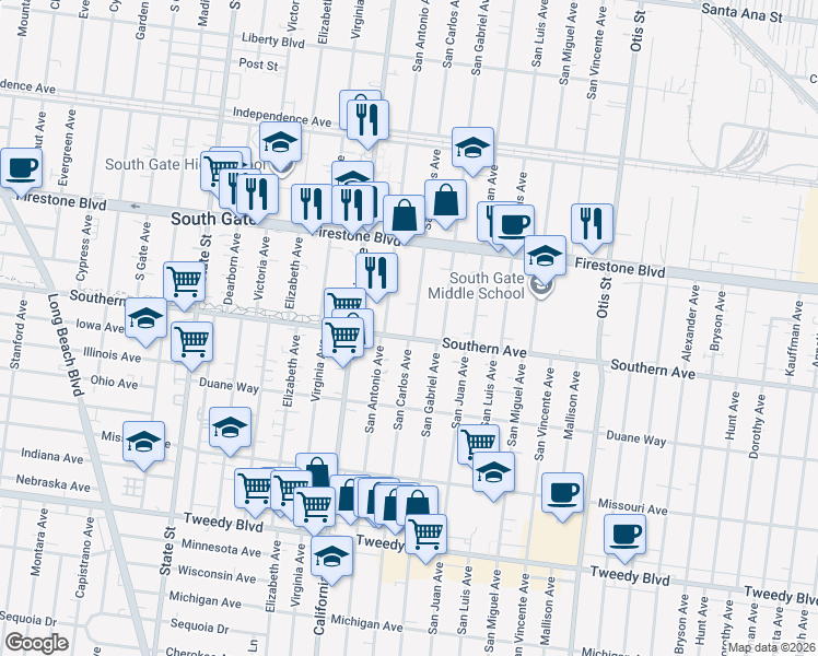 map of restaurants, bars, coffee shops, grocery stores, and more near 8999 San Carlos Avenue in South Gate