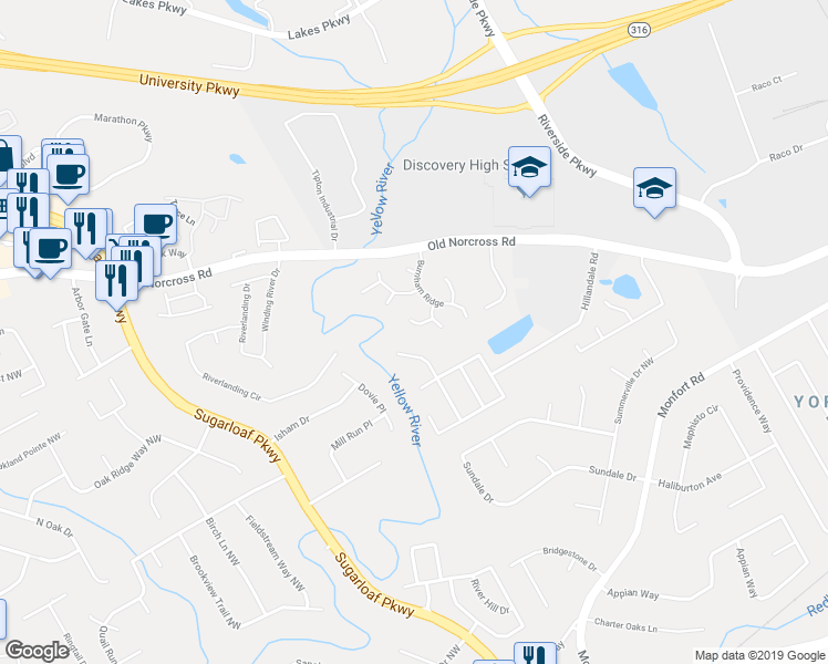map of restaurants, bars, coffee shops, grocery stores, and more near 1420 Charing Cross Way in Lawrenceville