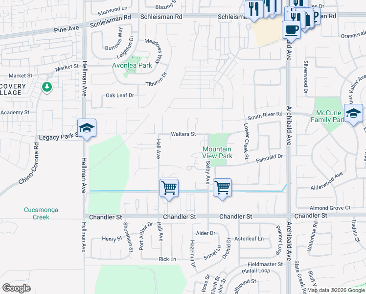 map of restaurants, bars, coffee shops, grocery stores, and more near 14604 Walters Street in Corona