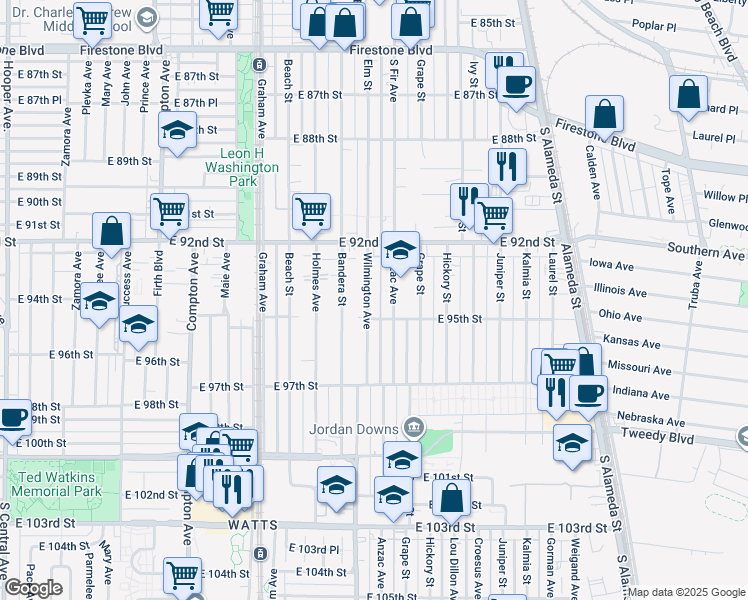map of restaurants, bars, coffee shops, grocery stores, and more near 9416 Wilmington Avenue in Los Angeles