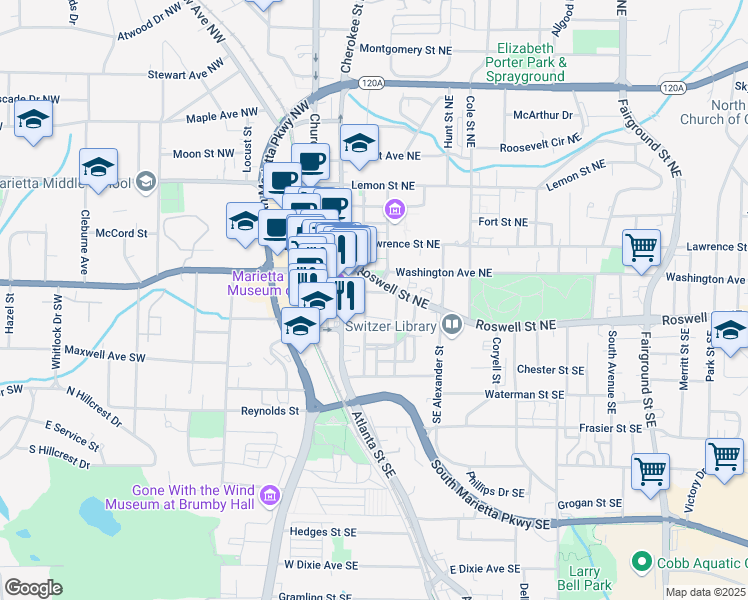 map of restaurants, bars, coffee shops, grocery stores, and more near 170 Anderson Street SE in Marietta