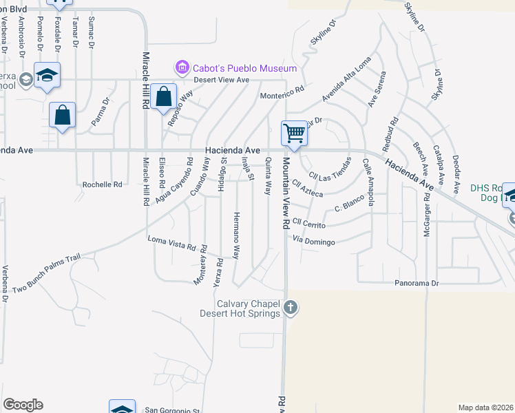 map of restaurants, bars, coffee shops, grocery stores, and more near 13420 Inaja Street in Desert Hot Springs