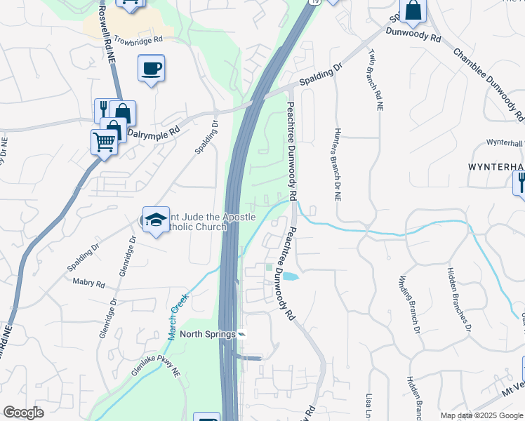 map of restaurants, bars, coffee shops, grocery stores, and more near 425 Summerset Lane Northeast in Sandy Springs