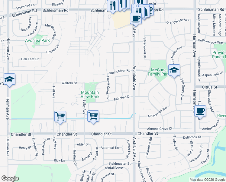 map of restaurants, bars, coffee shops, grocery stores, and more near 7494 Larsen Bay Street in Corona